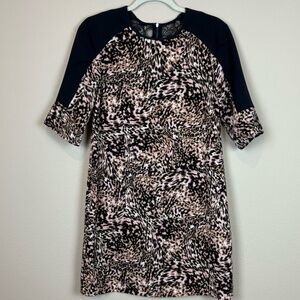 Maggy London Black/Tan/Cream Elbow Length Sleeves Shift Dress with Lace Accent
